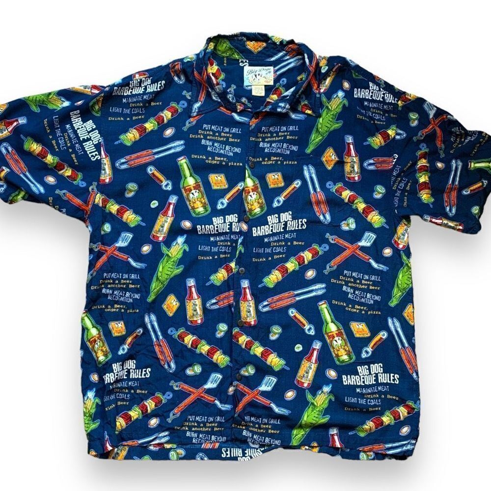 Vintage Rayon Big Dogs Shirt Blue Collared Barbecue Beer Camp Hawaiian Printed